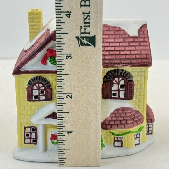 Vintage Lotus Ceramic Christmas Village Yellow House Figurine Snowy Accents 4" - Picture 7 of 9